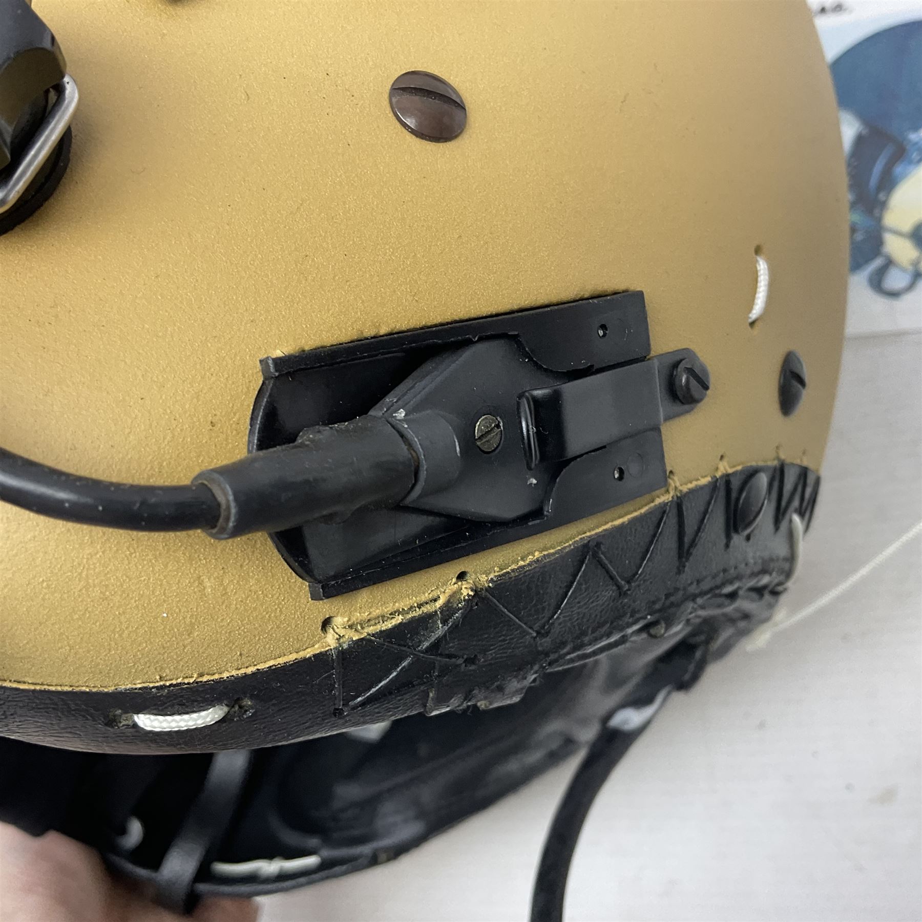 Mk.4 Flight Helmet, as used by RAF and Civilian helicopter pilots; in RAF sand colour (desert use),  fitted with cloth visor cover and working boom mike; has had a complete refit and is bench tested.