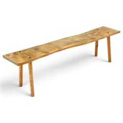 Mid-20th century live-edge bench or coffee table, raised on cylindrical supports