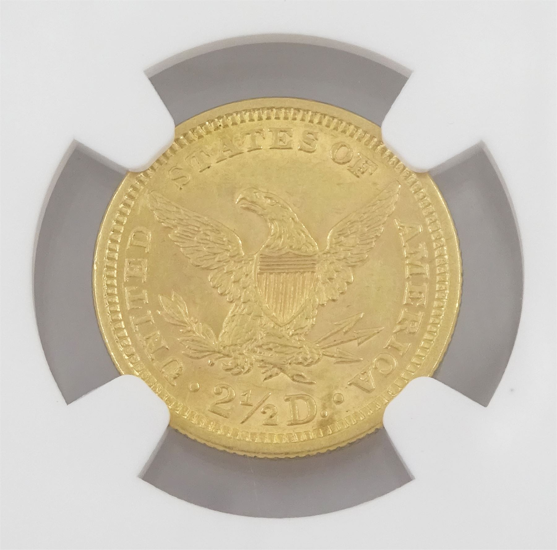 United States of America 1861 Liberty head type 2 gold two and a half dollar coin, encapsulated and graded AU58 by NGC