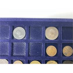 Commemorative, fantasy and other coinage, including George II 1754 farthing, George III 1773 farthing, cartwheel penny and cartwheel two pence, Queen Victoria Canada 1886 twenty five cents, various commemorative crowns etc, housed in three blue coin trays