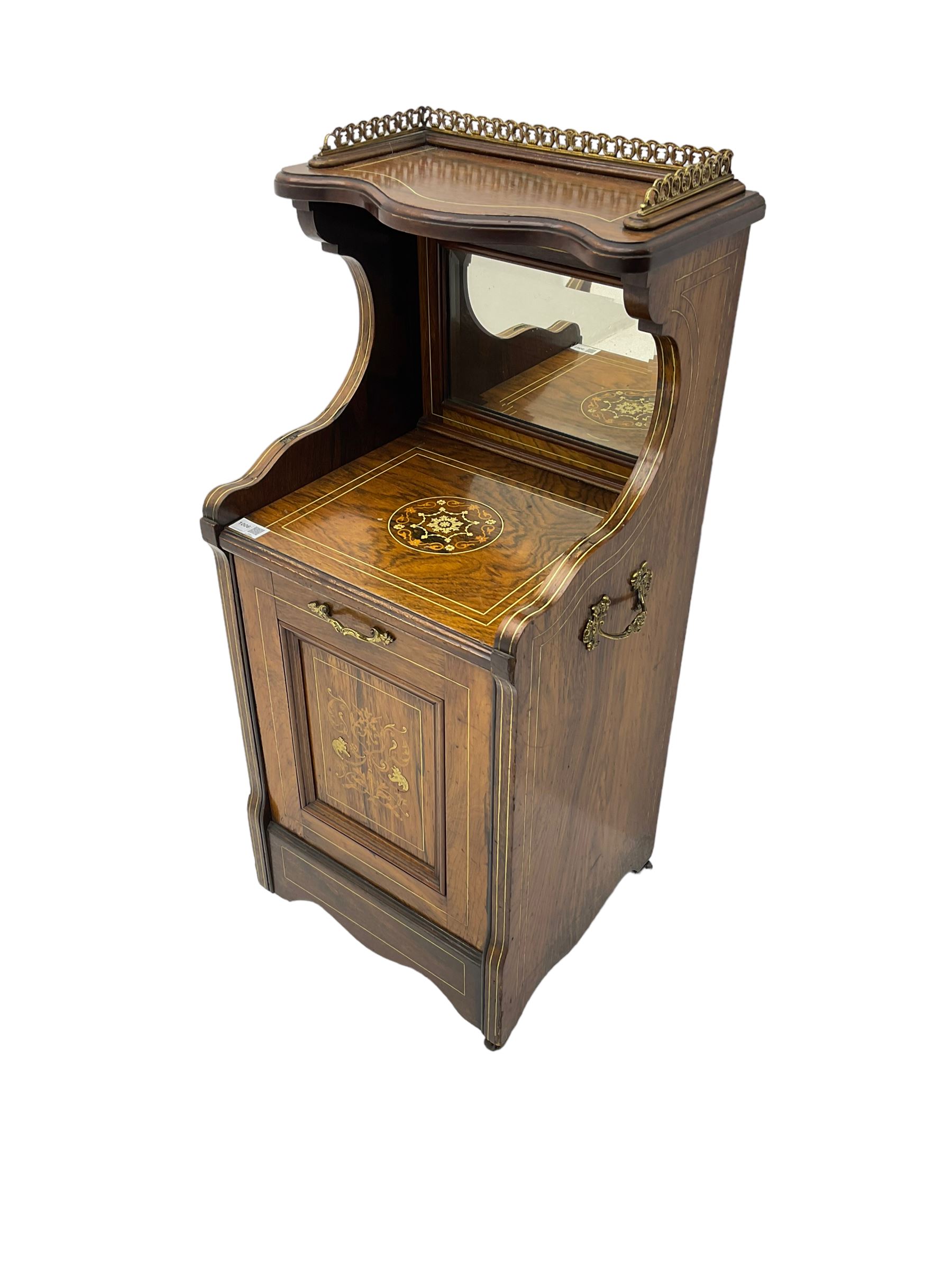 Edwardian inlaid rosewood  fall-front coal purdonium serpentine top with raised fretwork gallery, over bevelled mirror-back, the panelled fall-front door inlaid with foliate patterned ivorine and boxwood, on castors