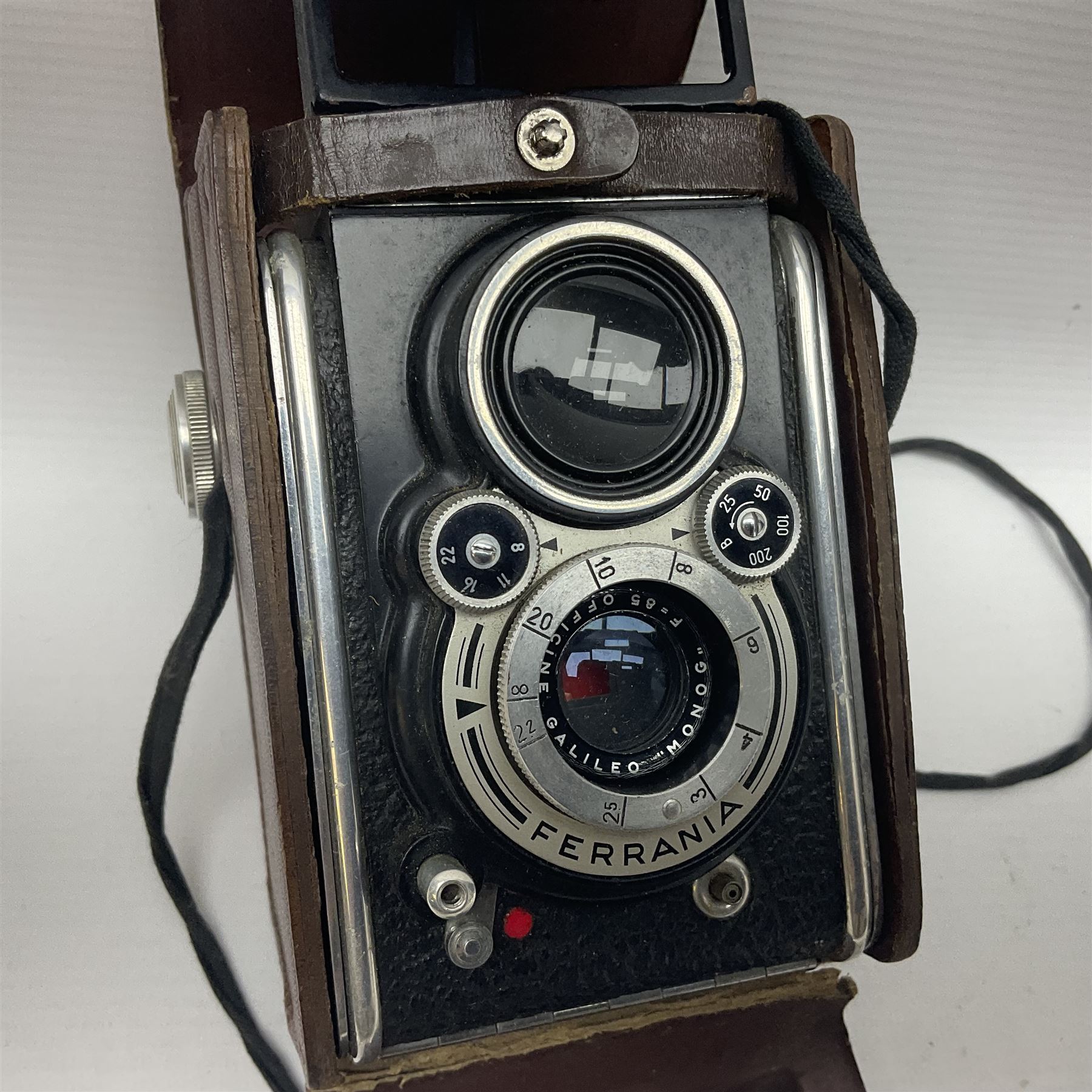 Franke & Heidecke Rolleicord twin lens camera, serial number 012706 with Heidoscop-Anastigmat f=7.5cm' lens and a 'Carl Zeiss Jena Triotar 1:4.5 f=7.5cm' lens, serial no 1474898, together with three similar cameras, including SEM TLR, serial no 420218, Ising Pucky box and Ferrania Elioflex, three in leather carry cases