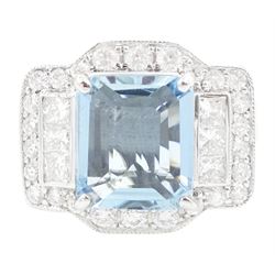 18ct white gold aquamarine and diamond ring, emerald cut aquamarine with princess cut and round brilliant cut diamond surround, stamped 750, aquamarine approx 2.45 carat, total diamond weight approx 0.90 carat