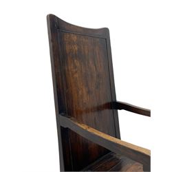 18th century elm box-seat lambing chair, dished cresting rail over panelled back, panelled hinged lid flanked by two turned arm supports