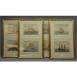  Collection of eight Marine lithographs by J.S. Virtue after W.Fred MItchell, studies of Frigates Gun & Warships incl. Victory, each 18cm x 23.5cm in four frames   
