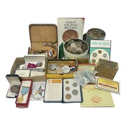Coins and miscellaneous collectables, including Queen Victoria bun head pennies, other pre decimal coinage, Britain's first decimal coins in blue wallet, commemorative medallions etc