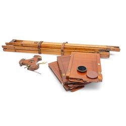 Victorian mahogany and brass bound cabinet card plate camera, with Ross (Zeiss Patent) lens, with three mahogany plate holders,  and an early 20th century oak tripod. This item has been registered for sale under Section 10 of the APHA Ivory Act