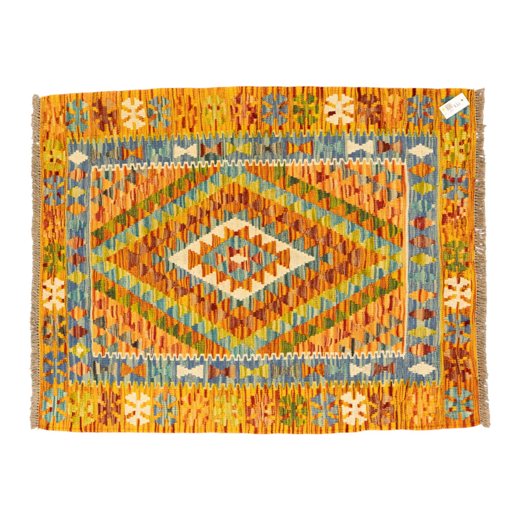 Two Chobi Kilim flatweave rugs, comprising the largest kilim on a cream ground with a grid of stepped diamond medallions in a palette of rust red, turquoise, green, ochre, and lilac,, filled lozenge motifs, framed by a cream ground border, 148x101cm, Chobi Kilim with multi-stepped diamond medallion with serrated bands, in terracotta, turquoise, green, saffron and blue, framed by a broad polychromed border of stylized guls and narrow guard stripes, 114x87cm 