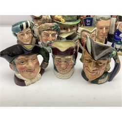 Collection of Royal Doulton and Beswick character jugs of various sizes, including North American Indian D6611, The Falconer D6533,  Tony Weller 281, Sairey Gamp 371 etc