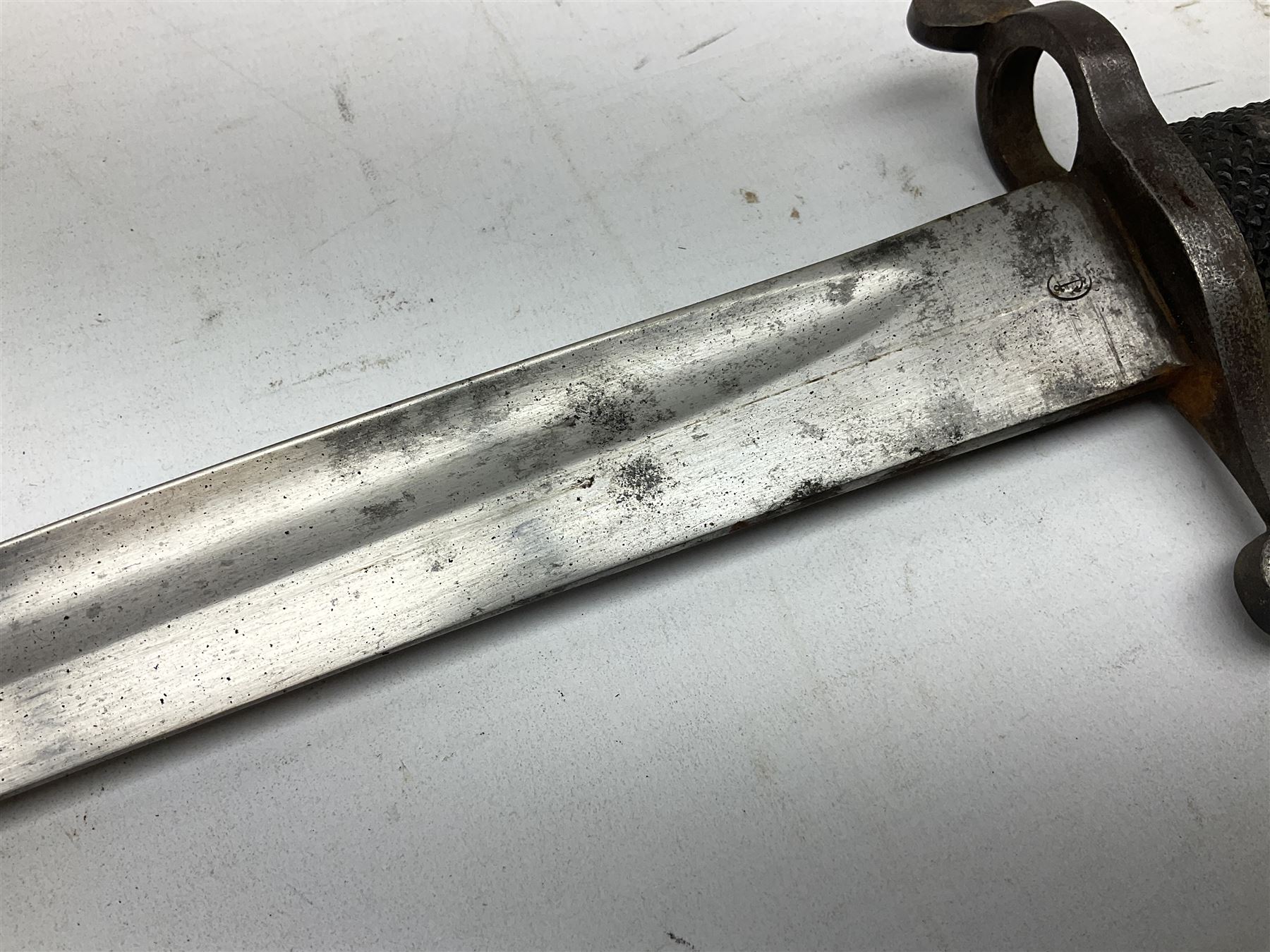19th century Bayonet with 58cm fullered Yataghan shaped blade, stamped with anchor mark, with leather scabbard