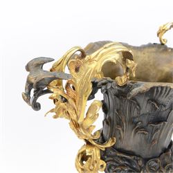 After Henry Dasson (1825-1896): large French gilt bronze urn, the body of typical form and cast with C scrolls, with twin curved gilt foliate handles detailed with birds, upon a scrolling foot, and naturalistically cast base, impressed HENRY DASSON to foot, H50.5cm W48cm