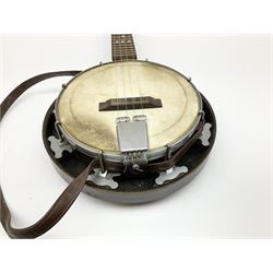 Melody-Uke four-string ukelele banjo, makers plaque to head stock L59cm; and Italian eight-string lute-back mandolin with mahogany stained segmented maple back and spruce top L59cm (2)