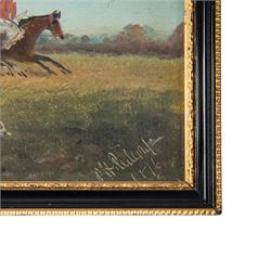 Philip Henry Rideout (British 1860-1920): The Hunt, pair oils on board signed and dated 1896, 15cm x 30cm 