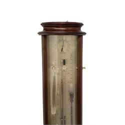 20th century Tendency Barometer -  to the design of Alexander Adie the 19th century inventor of the Sympiesometer, in a mahogany convex case with astragal moulding to the top and base, with an engraved silvered register, spirit thermometer, comparison Sympiesometer bulb and storm glass, adjustable vernier and hygrometer.
