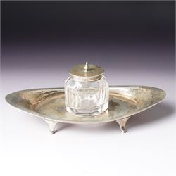Edwardian silver navette shape inkstand with silver mounted glass inkwell, presentation in...