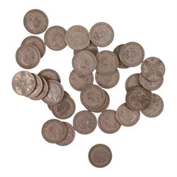 Approximately thirty-seven Great British pre-1947 silver one florin or two shilling coins
