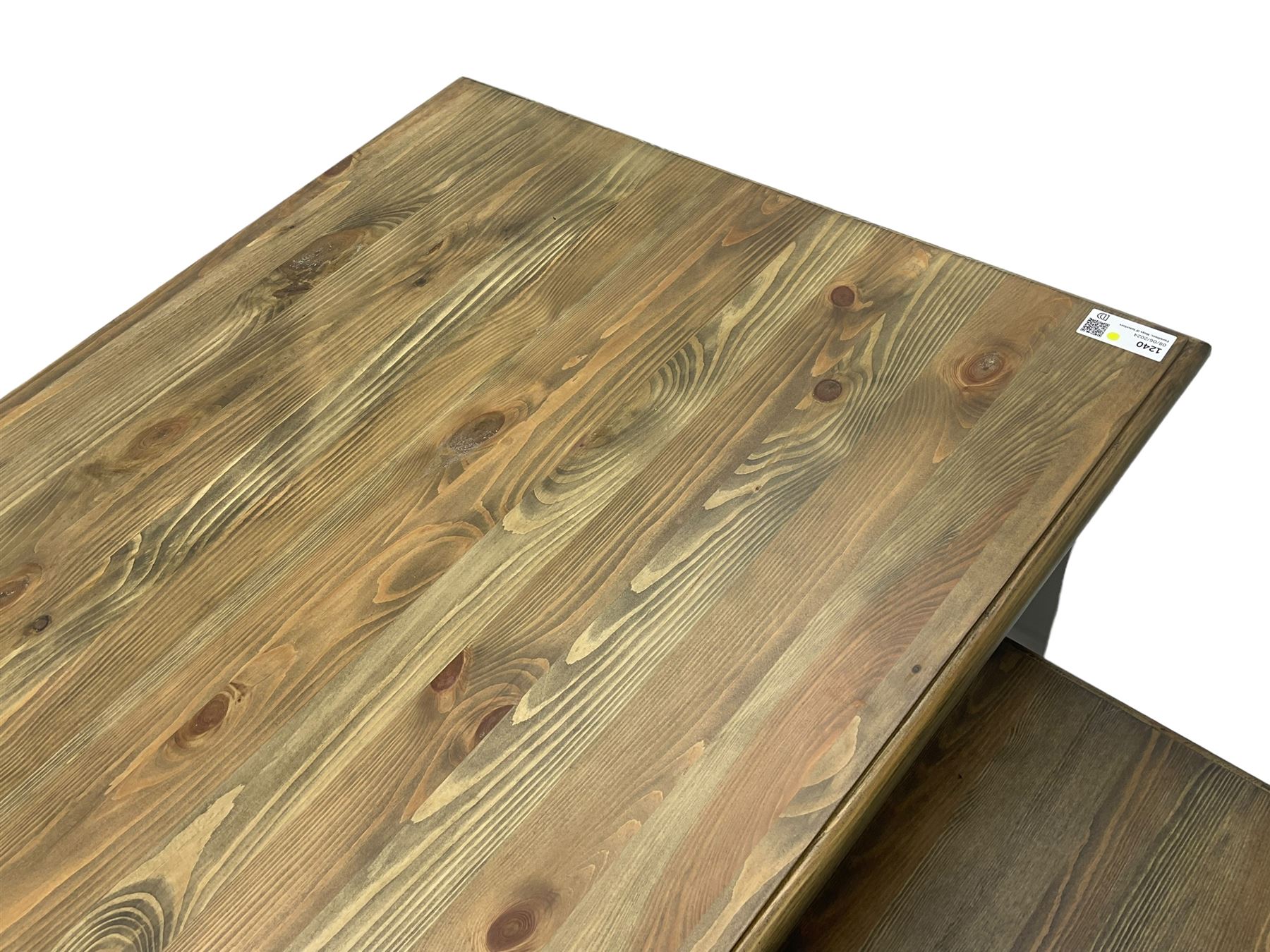 Pine kitchen dining table, rectangular moulded top on painted base, square tapering supports (180cm x 85cm, H78cm); and two matching benches 