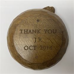 Mouseman - small tooled oak nut bowl, carved with mouse signature, the underneath carved with inscription 'Thank You JR Oct 2014', by the workshop of Robert Thompson, Kilburn 