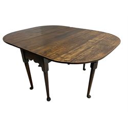 George III oak drop-leaf dining table, oval top over gate-leg action cabriole supports