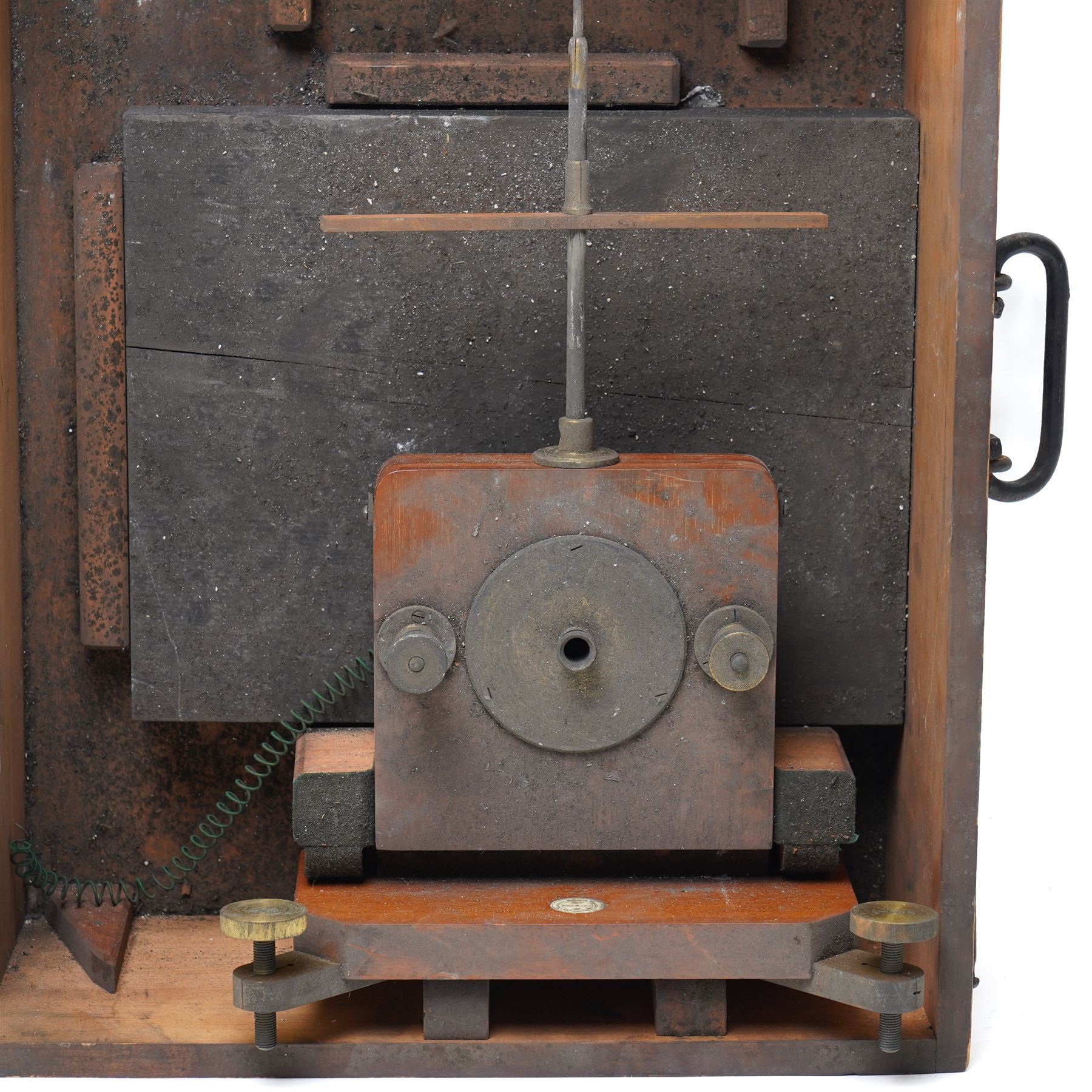 Late 19th century engineering or mechanics teaching apparatus, from Professor Stuarts Workshop Cambridge University, written on central inlaid bone plaque, within case, H48.5cm x W36cm 
Notes: Stuart was the first true professor of Engineering at Cambridge between 1875-1890. He persuaded the University to give him a wooden hut to serve as a workshop, on the condition that he furnish and equip it at his own expense. Charles Darwin and Gladstone were among the early visitors to admire the new facility in 1878. This equipment would have been used in the aforementioned workshop.
Provenance: Property of a Nobleman.  