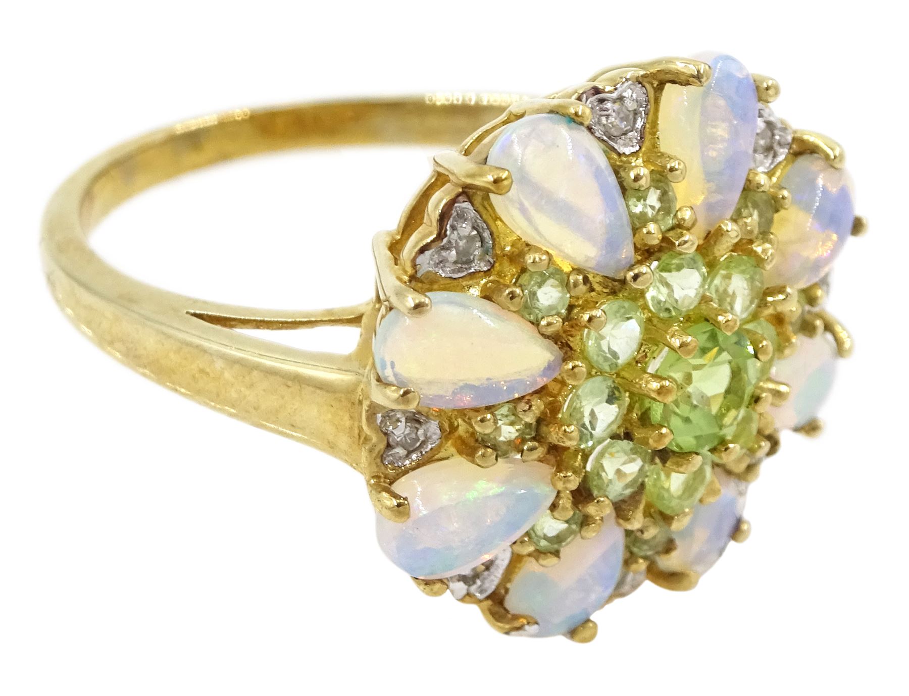 9ct gold pear cut opal and round cut peridot cluster ring, hallmarked