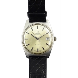  Omega Geneve automatic, gentleman's stainless steel wristwatch with date aperture, on leather strap   