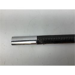 Replica knight's longsword, the 91.5cm double-edged steel blade with basket hilt and wire-bound bone grip with spherical pommel, in leather scabbard L112cm overall