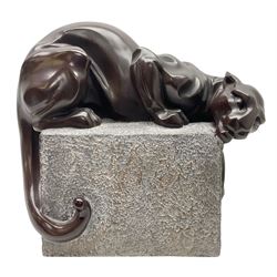 After Alexsander Danel, Panther on a rock sculpture, H29cm 