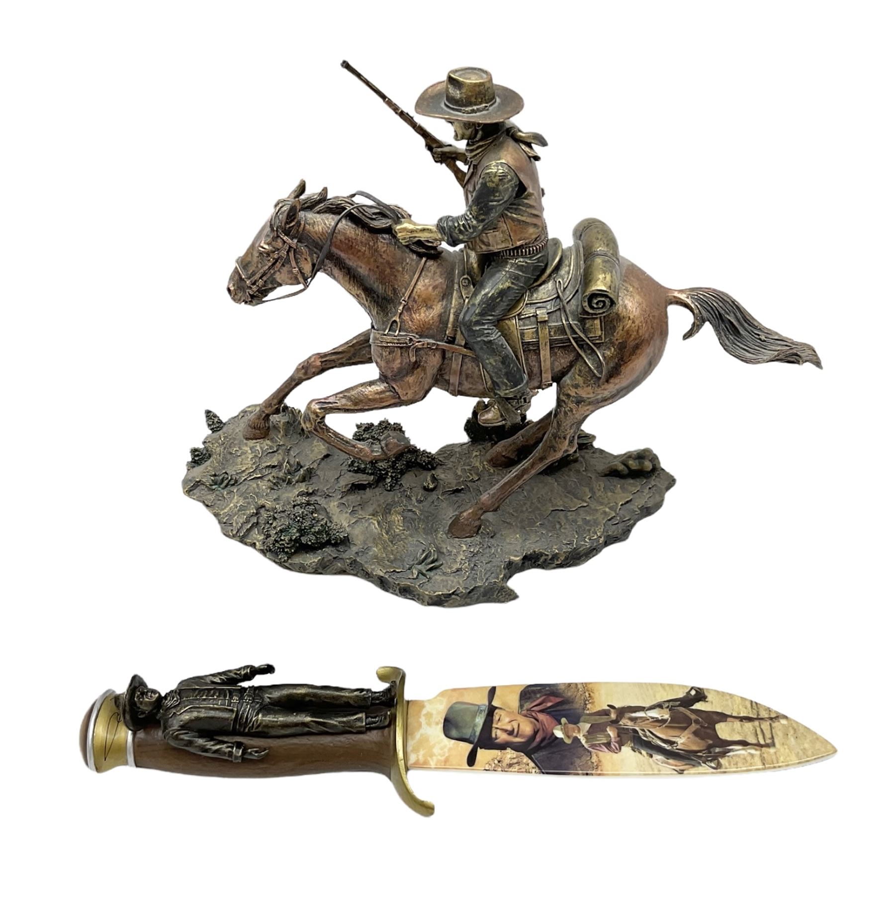 The Bradford Exchange John Wayne bowie decorative knife, L27cm and John Wayne Tall in the Saddle Galloping Thunder figure group