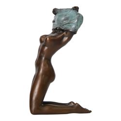 Bronze figure, modelled as a nude woman removing her shirt, signed Milo, H17cm