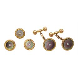 Pair of early 20th century rose gold mother of pearl and opal cufflinks and three matching gold shirt studs, all stamped 9ct