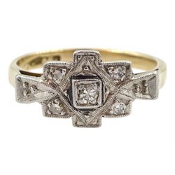 Art Deco 15ct gold and palladium milgrain set five stone diamond panel ring