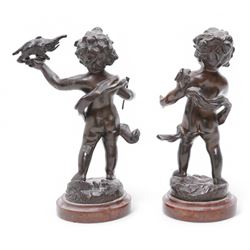 After Rousseau - Pair of bronze figures of cherubs, one holding a toy elephant, the other originally with an artists board on marble bases H23cm