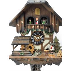 A 20th century West German 30-hour Automaton musical cuckoo clock with a Swiss musical movement playing three tunes, visible pendulum and three cast metal pine cone weights, carved pine wood case with automaton water wheel, woodsman and carousel, chapter ring with Roman numerals and decorative hands, with strike/silence lever.

