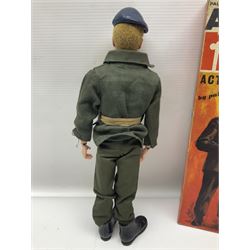 Palitoy Action Man Action Soldier No.34014 with tunic, belt, trousers, boots, blue beret and sten gun; in original box; and Palitoy Action Man Royal Military Policeman (RMP) gripping hands figure, marked 'Made in England by Palitoy under licence from Hasbro © 1964' to rear of torso; with tunic, shirt, trousers, tie, boots, belt, truncheon, pistol in holster, MP armband, red cap, Sterling machine gun and other clothing etc; in anrelated display box (2)