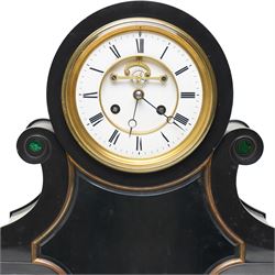 French-Late 19th century Belgium slate mantel clock, 8-day movement housed in a drum case with volutes, cradled within scroll supports and a shaped pendulum viewing glass with a brass surround, stepped plinth with incised decoration and malachite panels, two-piece enamel dial within a cast brass bezel, dial with Roman numerals, minute markers and steel moon hands, visible Brocot dead-beat escapement fitted with cornelian pallets, twin train going barrel movement with rack striking, sounding the hours and half-hours on a bell. With the original twin file mercury pendulum.
 