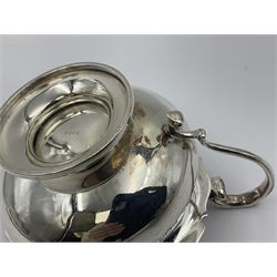 1920s five-piece silver tea service, comprising teapot, coffee pot, hot water pot, twin handled open sucrier and milk jug, each of squat circular form with shaped rim, the teapot, coffee pot and hot water pot each with ebonised handle and finial, the sucrier and milk jug with acanthus capped scroll handles, all upon circular foot, hallmarked R F Mosley & Co, Sheffield 1926 & 1927, tallest H24cm