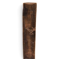 19th century stay busk, of typical triangular form carved with hearts and stylised flowers, with two carving of birds to the verso, L29cm