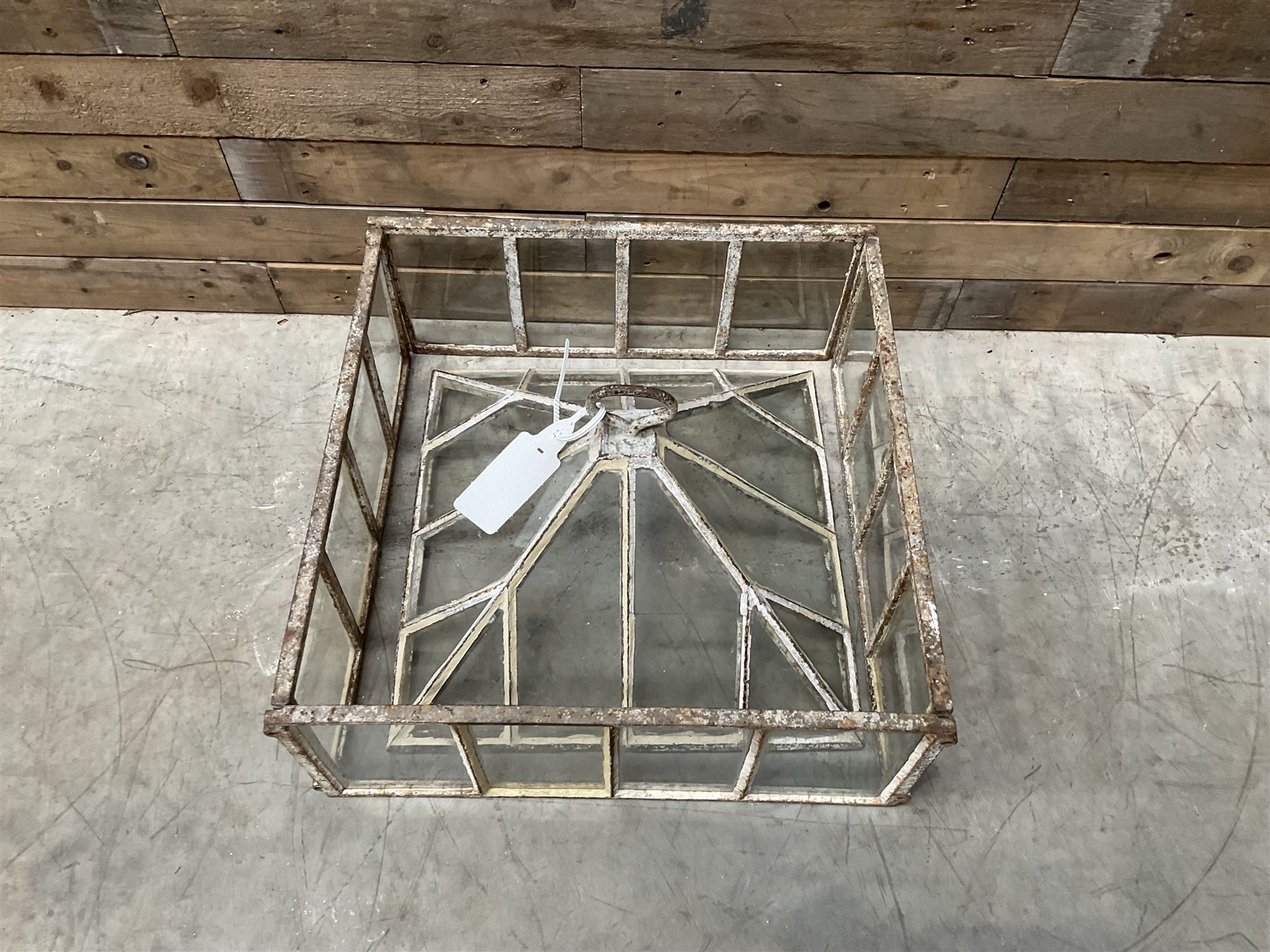 Victorian painted iron framed square garden cloche lantern, with associated sides (larger than the top piece), no fittings