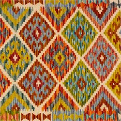 Turkish Anatolian flatweave kilim, ivory field decorated with rows of large stepped lozenge medallions enclosing stylized geometric motifs flanked by narrow geometric side panels, fringe ends 