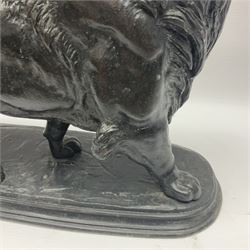 After Paul Edouard Delabrierre (French, 1829-1912), bronze, model of a lion, upon an oval base, signed E Delabrierre, overall H29.5cm, L46cm