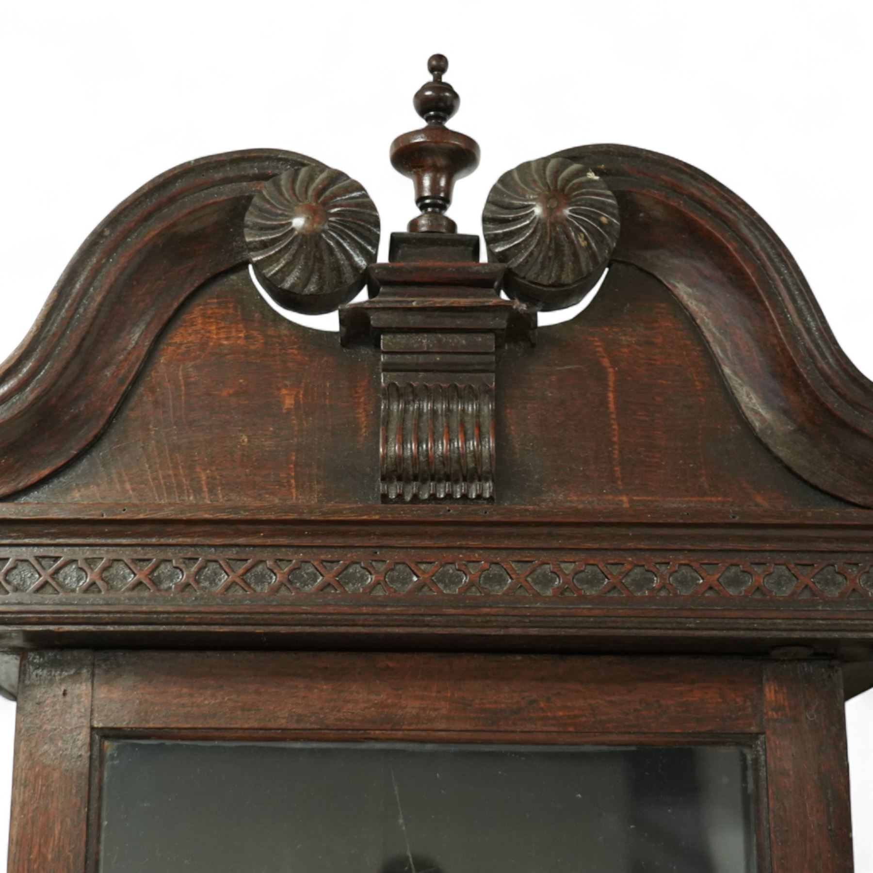 Three empty oak longcase clock cases-for restoration , parts, repair, and two 30hr chain driven movements with 12