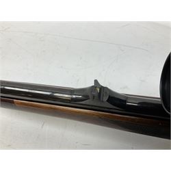 30-06 Steyr-Mannlicher Model M bolt-action rifle, the 61cm hammer forged barrel with side safety, double set trigger and lift-out rotary magazine, walnut stock with chequered pistol grip and fore-end and additional soft leather cheek piece, Pecar Berlin Champion 8 x 45 telescopic sight with quick release mounts, serial no.204791 L111cm FIREARMS CERTIFICATE REQUIRED OR RFD