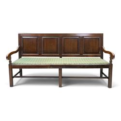 17th century design oak four panelled hall bench, fielded back panels flanked by swept arm...