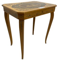 Continental 20th century inlaid satinwood occasional music table, rectangular canted top with guitar and dancing motifs, opening to reveal music box, cabriole supports
