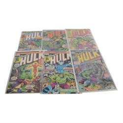 Fifty Marvel 'The Incredible Hulk' comic books, spanning years 1969- 1986, comprising #114, #121, #123, #124, #125, #127, #134, #135, #136, #138, #164, #165, #166, #167, #168, #172, #178, #191, #197, #198, #199, #200, #252, #258, #261, #262, #266, #269, #270, #272, #276, #277, #278, #279, #280, #281, #282, #283, #314, #315, #316, #317, #318, #319, #320, ##321#322, #323, all bagged, some card backed