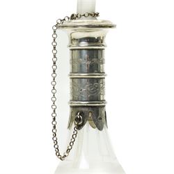 French glass decanter of baluster form with etched decoration and silver collar and foot H33cm