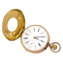 Early 20th century 14ct gold half hunter Swiss lever pocket watch, white dial with Roman numerals and subsidiary seconds dial and an 18ct gold open face cylinder pocket watch, both stamped
