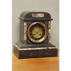  Victorian black slate and marble mantel clock, black chapter ring with gilt Roman numerals, twin train movement striking the hours and half on coil, H27cm  