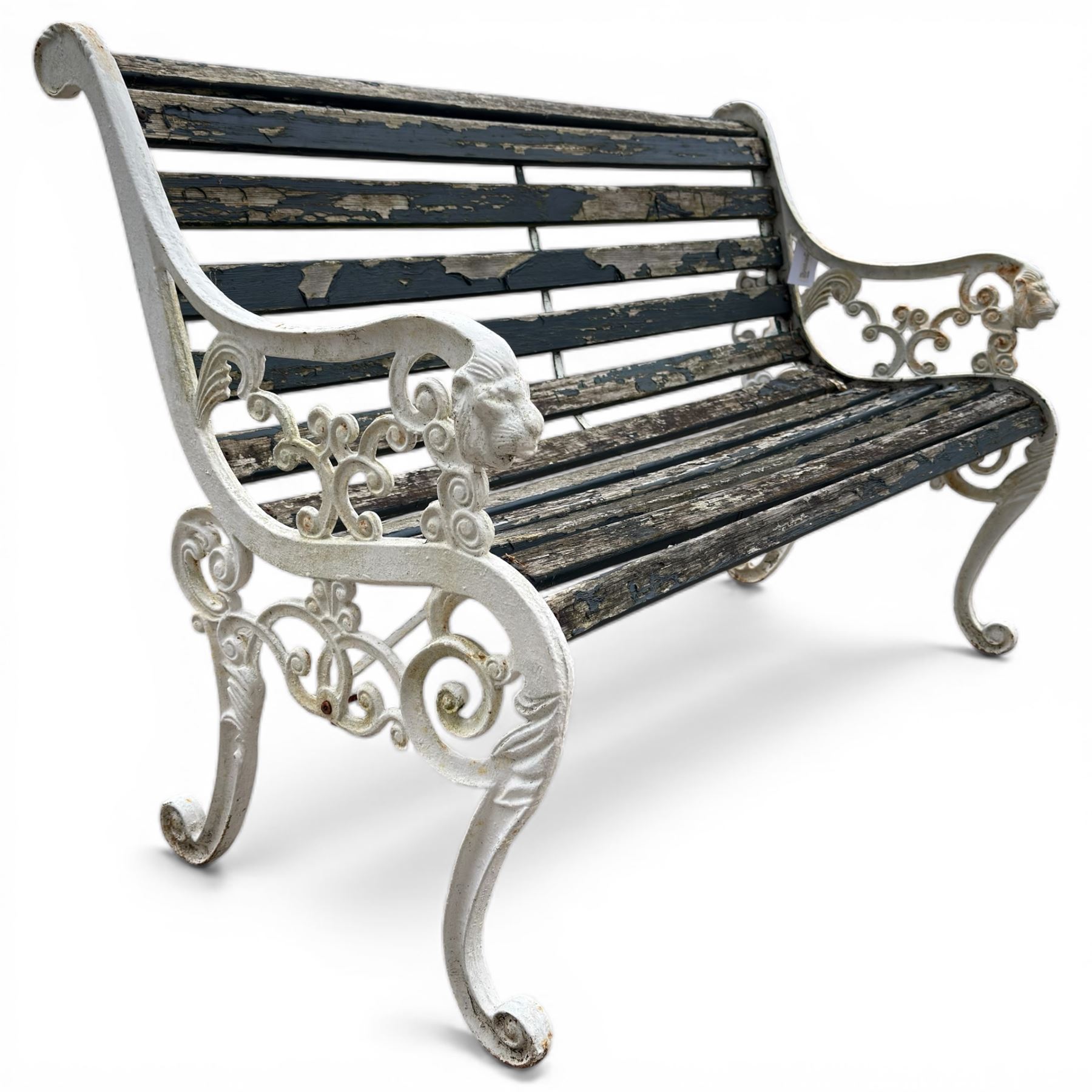 White painted cast iron slatted garden bench